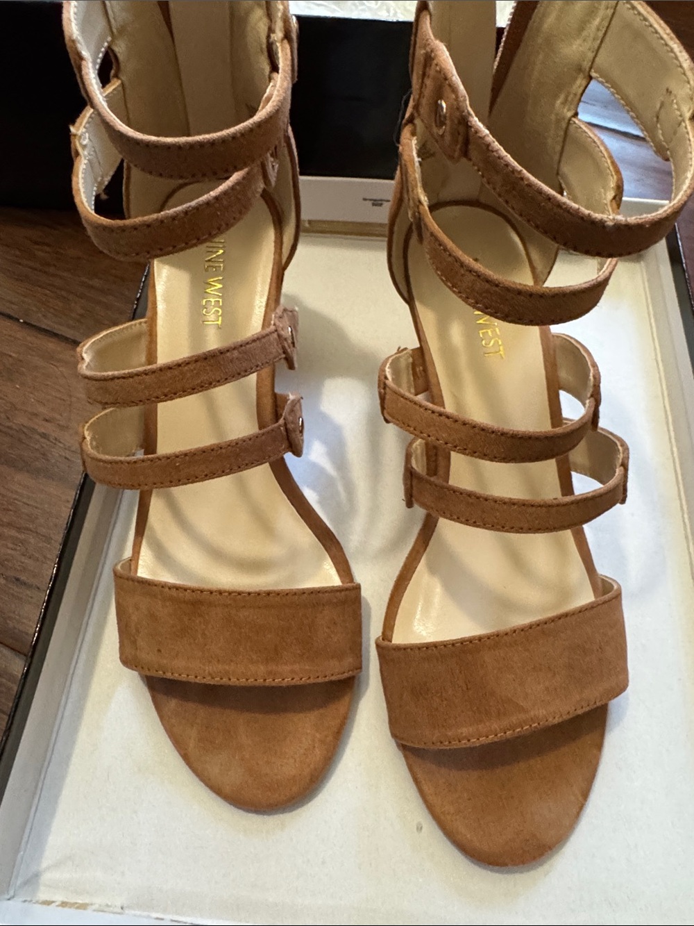 Nine West Cognac Suede Multi-Strap Block Heel Sandals